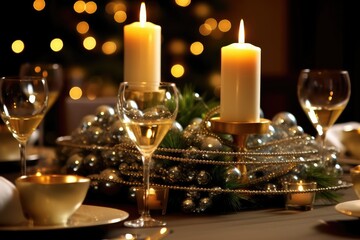 Wall Mural - A close - up shot of a table adorned with New Year's decorations, including glittering candles, sparkling confetti, and elegant champagne glasses.  Generative AI