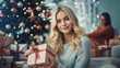 young adult woman, sitting in the living room, with a pile of christmas gifts and a christmas tree in the background, festive living room, caucasian blonde, anticipation and curiosity,