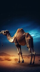 Camel in the desert. AI generated art illustration.