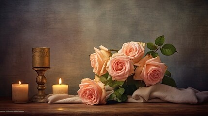 Wall Mural - Still life with candle and flowers. AI generated art illustration.