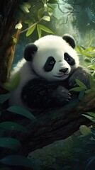 Sticker - Giant panda eating bamboo leaves. AI generated art illustration.
