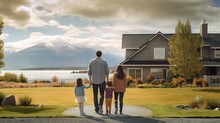 Young family looking at their new home standing with their backs Generative AI