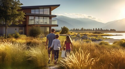 Young family looking at their new home standing with their backs Generative AI