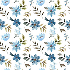  Watercolor blue floral seamless pattern