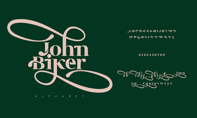 Wall Mural - Johnbiker elegant luxury abstract wedding fashion logo font alphabet. Minimal classic  urban fonts for logo, brand etc. Typography typeface uppercase lowercase and number. vector illustration