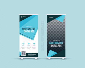 Modern agency stands roll up banner design stands template layout for exhibition with 2 part. editable roll-up banner vector template