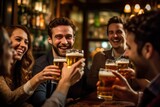 Fototapeta Londyn - A group of friends toasting and celebrating with their beers in a vibrant, well - lit bar. Generative AI