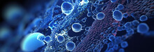 Abstract Depiction Of A Microscope Viewing Cellular Structures, Symbolizing Microbiology And Research, On A Deep Blue Background