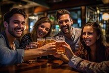 A Group Of Friends Toasting And Celebrating With Their Beers In A Vibrant, Well - Lit Bar. Generative AI