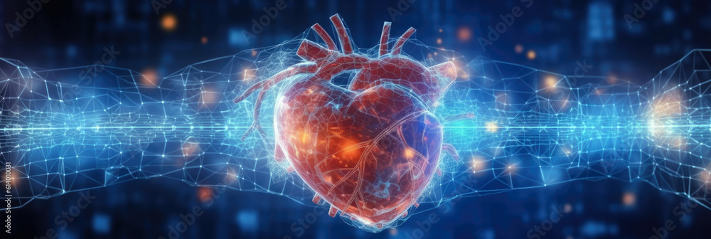abstract panorama of a glowing human heart interconnected with digital ...