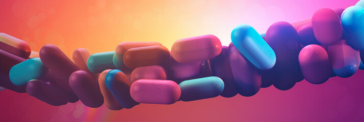 Wall Mural - simplified panorama depicting an abstract formation of medicinal pills against a vibrant gradient background