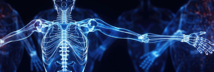 abstract rendering of a human skeleton glowing against a deep blue background, interconnected with d