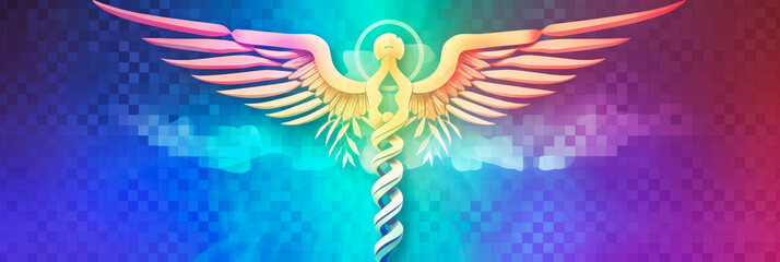Wall Mural - simplified panorama depicting a stylized caduceus symbol made from digital pixels, against a vibrant