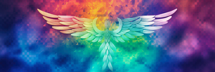 Wall Mural - simplified panorama depicting a stylized caduceus symbol made from digital pixels, against a vibrant