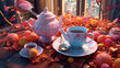 Breakfast tea party, pink and yellow, korean style, panoramic ai art for cafe, whimsical drink illustration