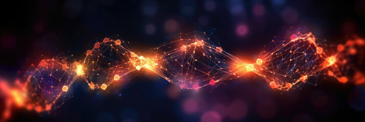 abstract panorama of a stylized DNstrand made from glowing digital nodes, against a dark background, representing genomics