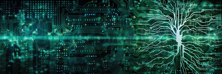 Wall Mural - minimalist panorama of a human brain silhouette filled with a circuit board pattern, against a sooth