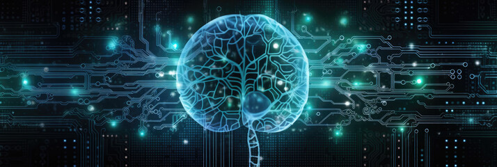 Wall Mural - minimalist panorama of a human brain silhouette filled with a circuit board pattern, against a sooth