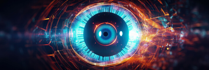 Wall Mural - abstract panorama of a stylized human eye made from glowing digital nodes, against a dark background