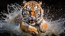 The Tiger Roars In The Water And Runs Towards The Camera, Water Splashes, AI Generated