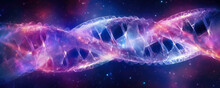 Panorama Of A Stylized, Glowing DNA Strand, Twisting In A Backdrop Of Cosmic Blues And Purples