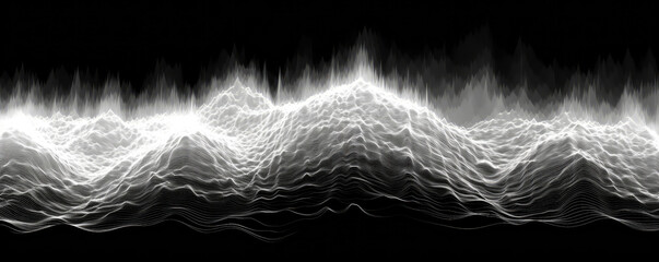 Wall Mural - abstract panoramic visualization of pulsating sound waves resembling a heartbeat, rendered in stark 