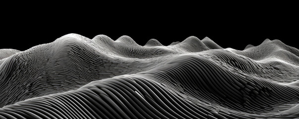 Wall Mural - abstract panoramic visualization of pulsating sound waves resembling a heartbeat, rendered in stark 