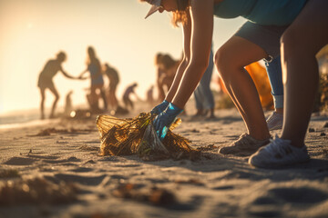 Closeup candid scene of volunteers demonstrating commitment and teamwork while participating in a beach cleanup, an image of environmental responsibility and community