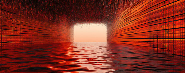 Wide panorama of a flowing river of binary code in striking red hues