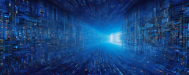 Wide, panoramic representation of a flowing binary code stream in a vibrant, electric blue hue