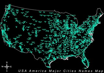 Wall Mural - USA America Major Cities Names Beautiful Attractive HD Map