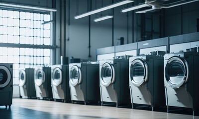 A row of industrial laundry machines