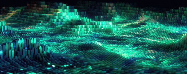 Wall Mural - panoramic image of a digital wave pattern represented in bright, electric emerald hues