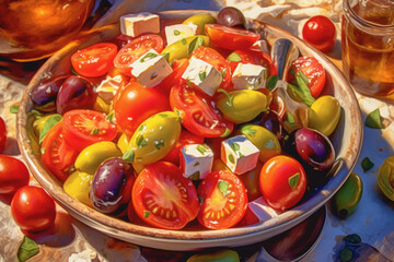 Wall Mural - Greek salad vibrant colors bright summer photo hyper realistic high definition sharp. AI generative