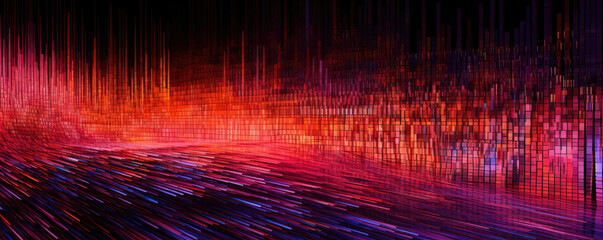 Wide, panoramic representation of a digital data stream flowing in a vibrant, neon cherry hue