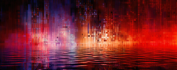 Wall Mural - Abstract panoramic visualization of a binary code waterfall in striking, electric ruby hues