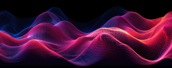 Wall Mural - panoramic depiction of a digital wave pattern represented in vibrant, neon carmine tones