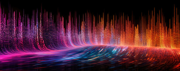 Wide, panoramic representation of a flowing binary code stream in a vibrant, neon beryl hue