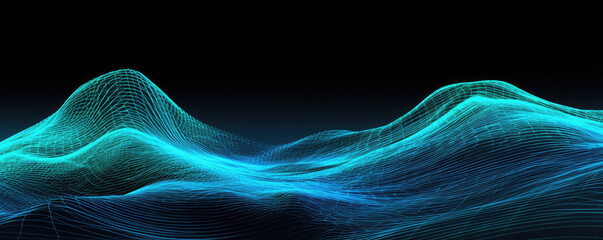 Wall Mural - panoramic depiction of a digital wave pattern represented in bright, neon aquamarine tones