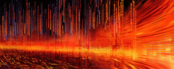 wide, panoramic representation of a flowing binary code stream in a vibrant, neon tangerine hue