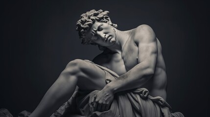 a photo of a huge great statue of a beautiful greek god sad thinking. handsome ancient man with a athletic muscular body. curly hair and very emotional. Generative AI