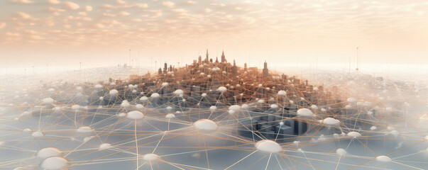 Wall Mural - a panoramic view of interconnected nodes forming a minimalist representation of the digital ecosyste