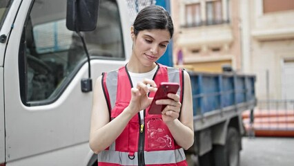 Wall Mural - Young beautiful hispanic woman builder using smartphone standing by truck at street