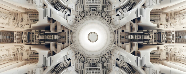 Wall Mural - panoramic view of white circuitry patterns converging into a focal point, symbolizing the convergenc