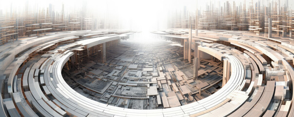 Wall Mural - panoramic view of white abstract circuit paths converging into a focal point, representing the conve