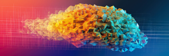 Wall Mural - abstract panorama of a stylized human brain made from digital pixels, against a vibrant gradient bac