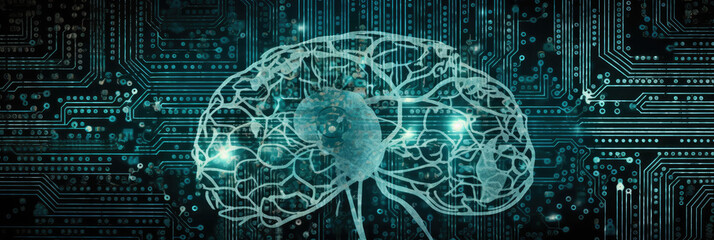 Wall Mural - minimalist panorama of a human brain silhouette filled with a circuit board pattern, against a sooth