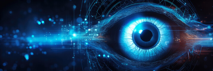 panoramic wallpaper of a stylized human eye with a digital network pattern, glowing against a dark background, representing ophthalmology