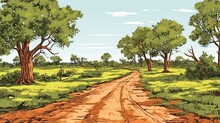 Southern Red Dirt Country Road With Lush Green Grass And Trees Color Vector Drawing Color, Comic Book Style, Thick,