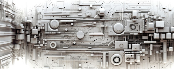 Wall Mural - panoramic view of white abstract circuitry patterns resembling a labyrinth, symbolizing the complexi